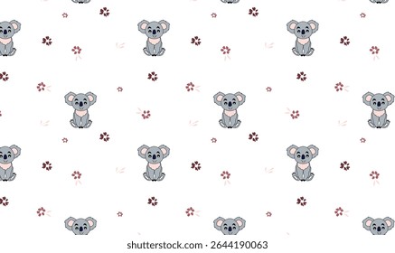 Bonito Koala Padrão sem emenda com elementos florais no fundo branco - desenhado à mão Design animal para crianças
