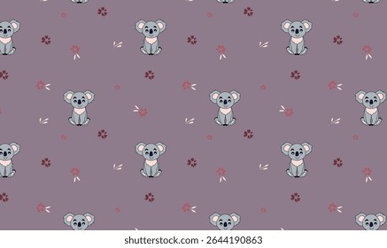 Cute Koala Seamless Pattern with Floral Accents on Purple Background – Hand-Drawn Animal Design for Kids.