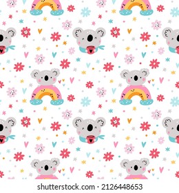 Cute koala seamless pattern. Funny Australian bears on rainbows. Happy marsupial animals with cups. Cartoon print with flowers and wild mammals. Childish wallpaper