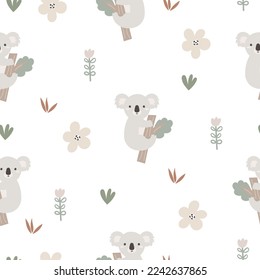 Cute koala seamless pattern. Funny baby print with animals. A hand drawn koala on a tree branch. Cartoon design for fabric, baby shower decoration, party. Nursery background.