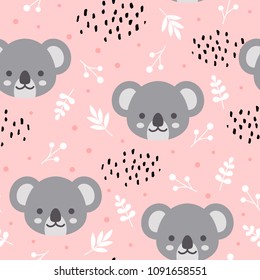 Cute koala nahtlose Muster, handgezeichnet, mit Blumen und Punkten bepflanzter Waldhintergrund, Vektorgrafik