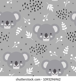 Cute koala seamless pattern, hand drawn forest background with flowers and dots, vector illustration