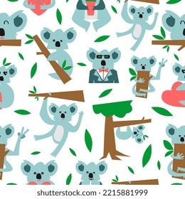 Cute Koala Seamless Pattern Isolated On White Background.