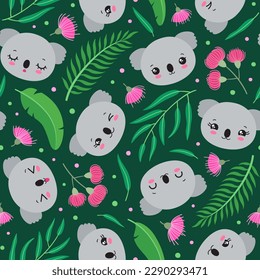 Un lindo patrón de koala impecable. La cabeza de la caricatura de Kawaii koala es un patrón sin fisuras. Diseño de repetición de verano. Caricatura de caras de animales australianos de safari. Hojas y flores de eucalipto. Los niños diseñan la tela impresa.