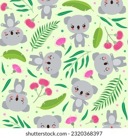 Cute koala nahtloses Muster. Kawaii koala wiederholen Design. Baby Cartoon Safari Tier australischen Bär koala. Eukalyptusblätter. Tropische Blumen. Sommerwiederholtes Design für Kinder Modedruck oder Papier.