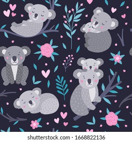 Cute koala seamless pattern. Vector background with exotic animals and floral elements