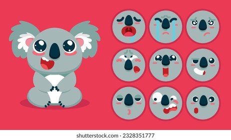 Cute koala, un conjunto de emociones animales, diminuta koala con la coloración de los emojis, durmiendo, llorando, triste, aburrido, feliz, emocionado, adorable, sorprendido, descuidado, confiado, aterrado, atónito, avatar del Vector Flat