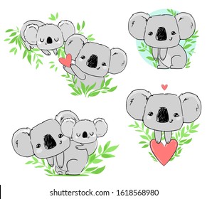 Cute koala set beautiful childish print. Hand Drawn Animal Vector illustration.