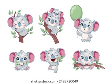 Cute koala, set of six poses. Funny koala cartoon character. 