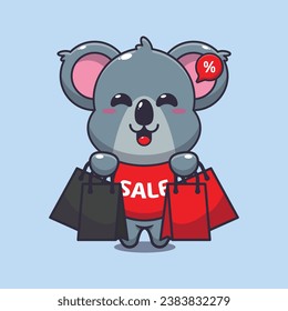 cute koala with shopping bag in black friday sale cartoon vector illustration