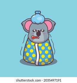 Cute koala is sick. Cute animal cartoon illustration. Flat isolated vector illustration for posters, brochures, web, mascots, stickers, logos and icons.