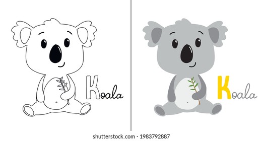 Cute koala con el cartel de Koala. Para colorear con ejemplo. Para los niños. aislado de fondo blanco. vector