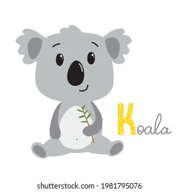 Cute koala with sign Koala. Letter K learning. Animal alphabet. isolated on white background. vector