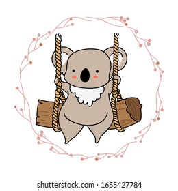Cute koala sitzt auf Schwung mit Weinrahmen. Einzeln Sie die Hand auf weißem Hintergrund. Doodle-Stil