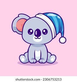 Cute Koala Sitting With Beanie Hat Cartoon Vector Icon Illustration. Animal Holiday Icon Concept Isolated Premium Vector. Flat Cartoon Style