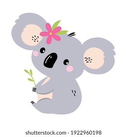 Cute Koala Sitting with Eucalyptus Branch, Lovely Australian Animal Cartoon Character Vector Illustration