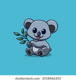 cute koala sitting holding a eucalyptus cartoon