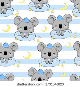 Cute Koala sentado sobre un patrón de nube y estrellas sin fisuras de la ilustración Vector. Imprimir para ropa de casa, pijamas, ropa de noche, textiles. Diseño infantil.