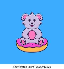 Cute koala is sitting on donuts. Animal cartoon concept isolated. Can used for t-shirt, greeting card, invitation card or mascot.