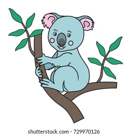 Cute Koala sitting on a eucalyptus tree branches with green leaves.A wild tropical animal.An Australian marsupial bear.Isolated image on a white background.Vector illustration for children.Print 