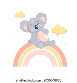Cute koala sentado en un arcoiris. Ilustración del concepto de animal para lactantes, carácter para niños