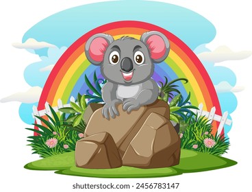 Cute koala sitting on a rock with colorful rainbow.