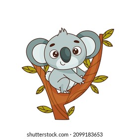 Cute koala sitting on a tree. Postcard in children's cartoon style. Vector illustration for designs, prints and patterns.