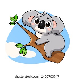 Cute koala is sitting on a tree branch against the sky, cartoon character.