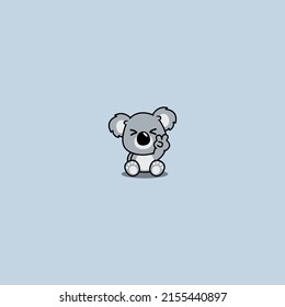 Cute koala sitting and showing V sign hand cartoon icon, vector illustration