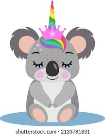 Cute koala sitting with unicorn horn and pink crown
