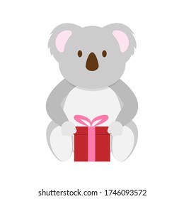 Cute Koala sitzt, während sie die rote Geschenkbox Vektordesign