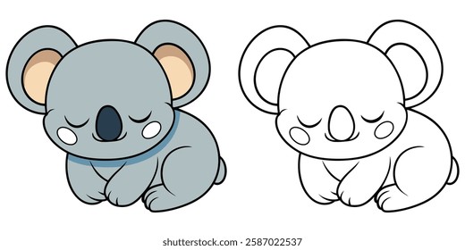 Cute Koala Sleeping Cartoon Coloring Book For Kids Printable Outline Vector