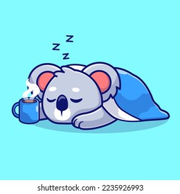 Cute Koala Sleeping With Coffee And Blanket Cartoon Vector Icon Illustration. Animal Nature Icon Concept Isolated Premium Vector. Flat Cartoon Style