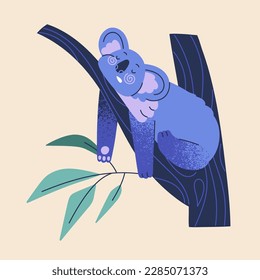 Cute koala sleeping, lying on tree branch. Lazy relaxing Australian bear asleep, dreaming. Funny adorable amusing animal reposing, napping, resting in nature. Isolated flat graphic vector illustration