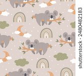 Cute koala sleeping on a branch under the moon among the stars. Baby seamless pattern for posters, fabric prints and postcards. Vector