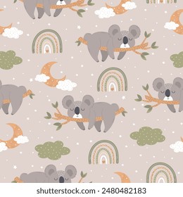 Cute koala sleeping on a branch under the moon among the stars. Baby seamless pattern for posters, fabric prints and postcards. Vector