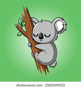 Cute Koala Sleeping on Branch Cartoon Vector Icon Illustration Animal Nature Icon Isolated Flat Vector