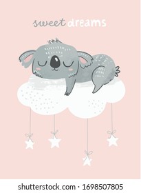 Cute koala sleeping on a cloud with phrase Sweet dreams. Adorable koala bear illustration for baby shower, nursery, kids room poster, wall art, card, invitaton. 