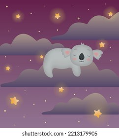 Cute Koala Sleeping On A Cloud. Night Starry Sky. Adorable Koala Bear Illustration For Baby Shower, Nursery, Kids Room Poster, Wall Art, Card, Invitaton. Vector