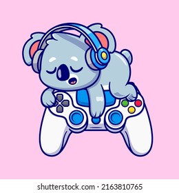 Cute Koala Sleeping On Game Controller With Headphone Cartoon Vector Icon Illustration. Animal Technology Icon Concept Isolated Premium Vector. Flat Cartoon Style