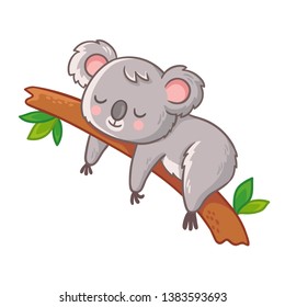 Cute koala is sleeping on a tree. Vector illustration in cartoon style.