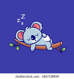 Cute Koala Schlafen auf der Baumkarikatur Vektorsymbol Illustration. Tiernatur-Symbol Konzept isolierter Premium-Vektorgrafik. Flachbildkartonstil