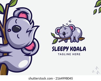 Cute koala sleeping on a tree branch mascot logo design