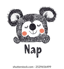 Cute Koala Sleeping Peacefully with Nap Text Perfect for children's prints or decor.