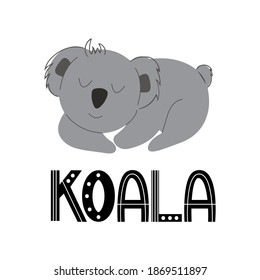 Cute koala is sleeping, vector children's colorful illustration in cartoon hand drawn style for printing on baby clothes, interior design, packaging, stickers. Isolated on white