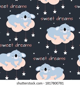 cute koala sleeps on cloud seamless pattern, vector illustration, print for home clothes, pajamas, nightdress, textiles, childish design