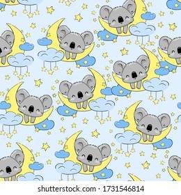 Cute Koala sleeps on the Moon pattern seamless Vector illustration. Print for home clothes, pajamas, a nightdress, textiles. Childish design.