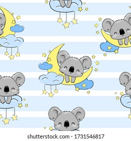 Cute Koala sleeps on the Moon pattern seamless Vector illustration. Print for home clothes, pajamas, a nightdress, textiles. Childish design.