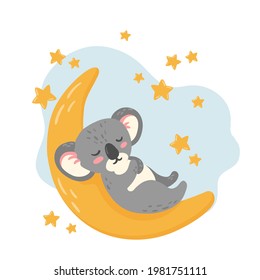 Cute Koala sleeps on Moon among the stars baby nursery print. Childish design for baby shower invitation, postcard, home clothes, pajama, night dress, textile. Hand drawn vector cartoon illustration