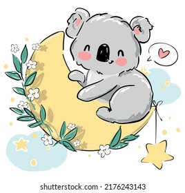 Cute Koala sleeps on the Moon vector. Print for home clothes, pajamas, a nightdress, textiles. Childish design. 